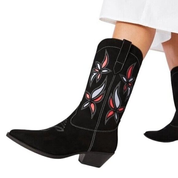 Cowgirl Boots Black Vegan Suede Western Mid Calf Floral Detail Women’s 9.5 NEW - Picture 2 of 11